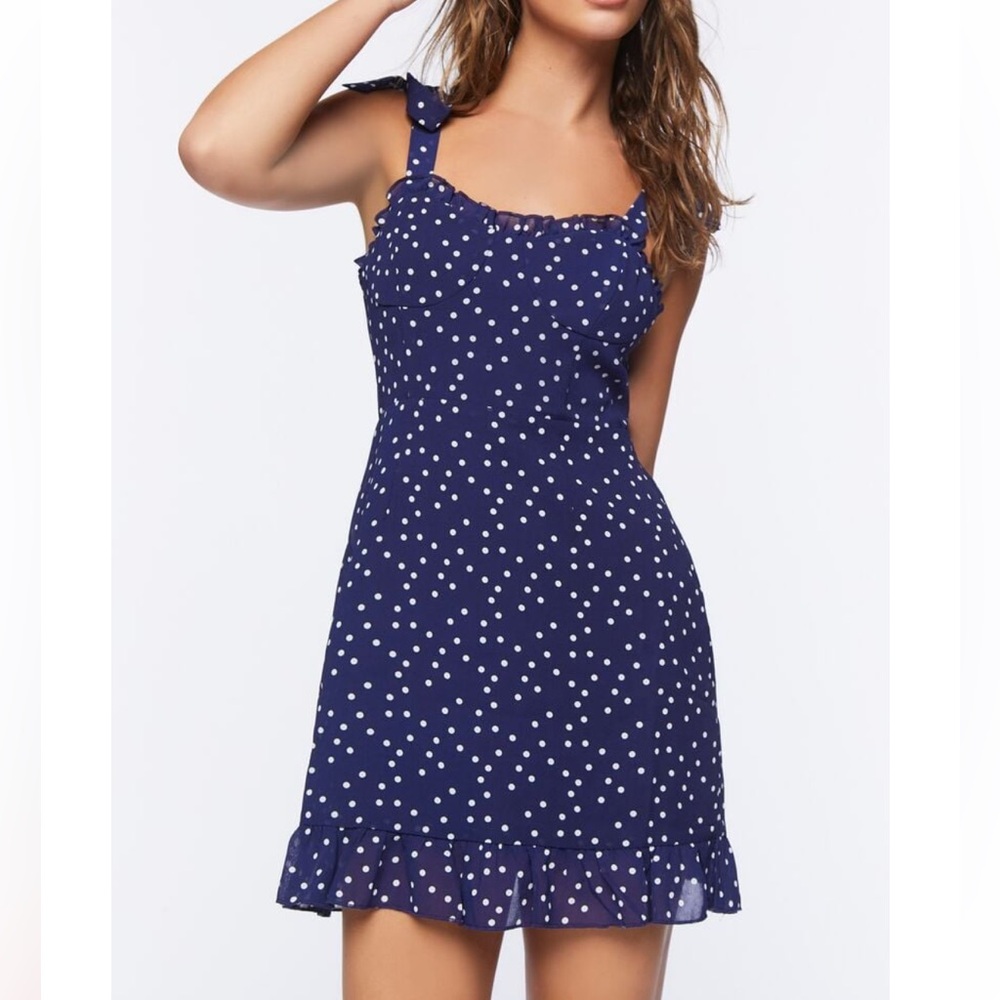 Forever 21 Navy Polka Dot Mini Dress – Smocked Sweetheart Tie-Strap Summer Dress